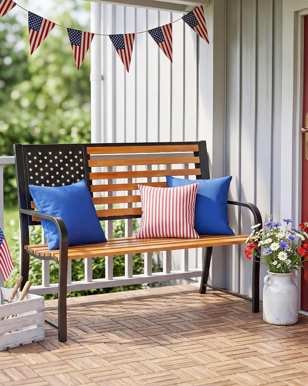 Garden Bench Metal - 50 inch buitenbank met Amerikaans vlagdesign,